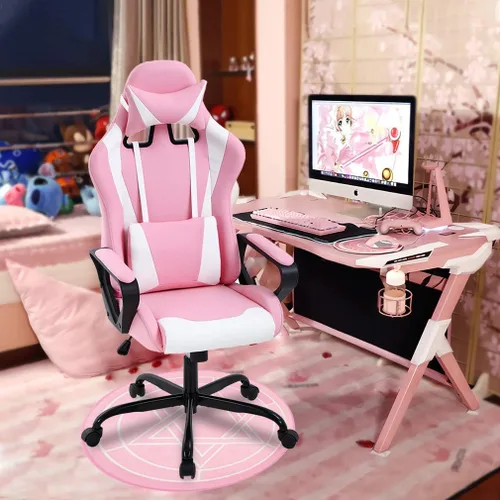 HHS Silla rosa para videojuegos, silla de escritorio para computadora de masaje, sillas de videojuegos, silla ergonómica de carreras con soporte