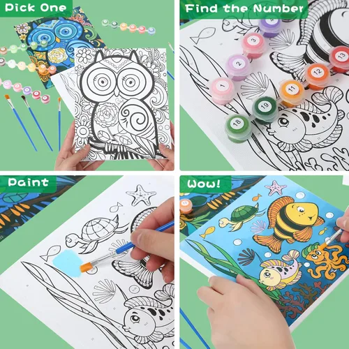 Miniatura 4 de Paquete de 3 pinturas por números para niños de 8 a 12 años, pintura acrílica al óleo preimpresa, incluye lienzo enmarcado