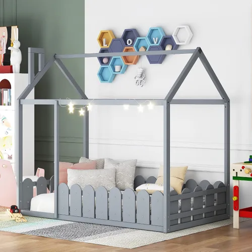 Miniatura 11 de VilroCaz Cama de casa de tamaño matrimonial para niños, marco de cama Montessori de madera maciza con valla y puerta para niños y niñas, diseño