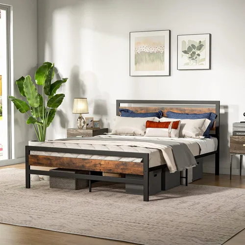 Miniatura 11 de Giantex Base de cama de metal con estación de carga, plataforma industrial con cabecera de almacenamiento, base de colchón resistente, fácil