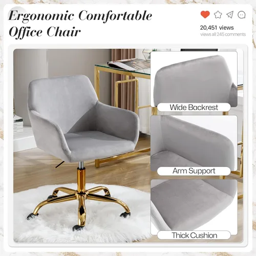 Miniatura 5 de Silla de Escritorio Giratoria de Piel Sintética de 360°, Moderno Sillón de Oficina en Casa Ajustable en Altura con Base Dorada para Adolescentes
