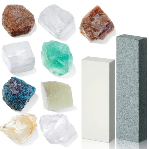 Kit de prueba de dureza Mohs de Landical, kit de dureza mineral de 11 piezas incluye 9 especímenes de rocas minerales y 2 placas de rayado de