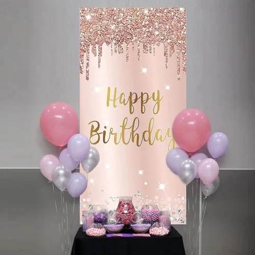 Miniatura 4 de Cartel de feliz cumpleaños de oro rosa rosa para mujer, pancarta de feliz cumpleaños para puerta y suministros de fiesta, grande 16, 21, 30, 40, 50