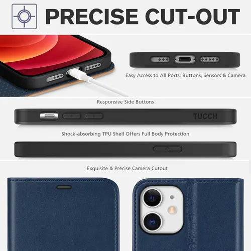Miniatura 8 de TUCCH Funda tipo cartera para iPhone 12 Pro/iPhone 12 5G, [carcasa interior de TPU a prueba de golpes], funda de cuero sintético PU con tarjetero