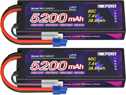 Batería Lipo de 7.4V 2S 5200mAh 80C Lipos Estuche rígido con conector EC3 para coches RC camiones 1/8 1/10 vehículos RC (2 paquetes)