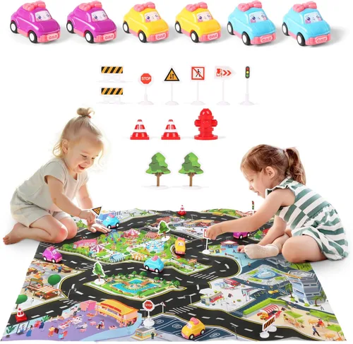 Miniatura 4 de Dwi Dowellin Juguete de avión rosa con 6 camiones y tapete de juego, avión con luces y sonidos para niños y niñas de 3, 4, 5, 6, 7 años