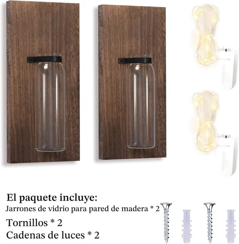 Miniatura 4 de Heiple Paquete de 2 apliques de pared de madera y vidrio, macetas de granja para plantas de interior, decoración rústica para sala de estar, jarrón