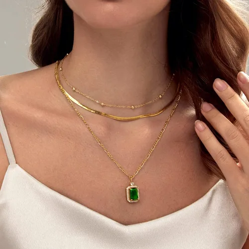 Miniatura 3 de Collares para mujer chapados en oro, esmeralda, corazón, apilable, gargantilla de cadena delicada, joyería para mujer, regalos simples