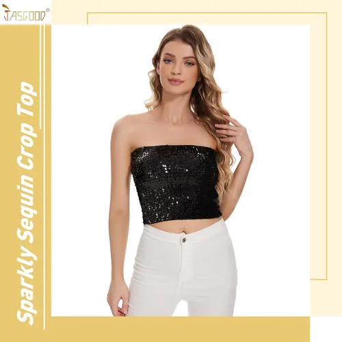 Miniatura 2 de JASGOOD Tops cortos de lentejuelas brillantes para mujer, tops de tubo metálicos sin tirantes, corsé de sirena con purpurina para fiesta y club