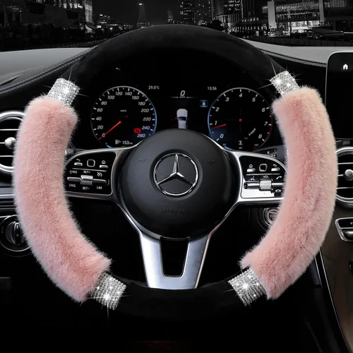 Miniatura 2 de Achiou - Funda de volante esponjosa con diamantes de imitación, cómoda lana sintética de lujo antideslizante, ajuste universal para volantes de 14.5