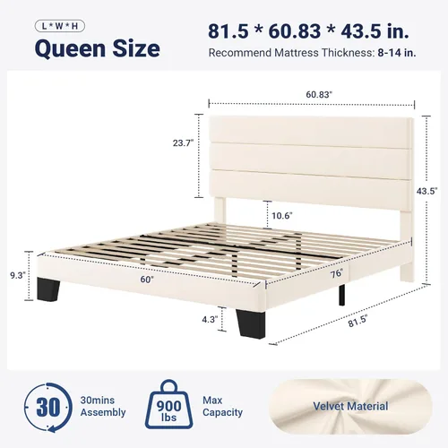 Miniatura 2 de Allewie Base de cama de plataforma tamaño Queen con cabecera tapizada de terciopelo y soporte de listones de madera, base de colchón totalmente Crema