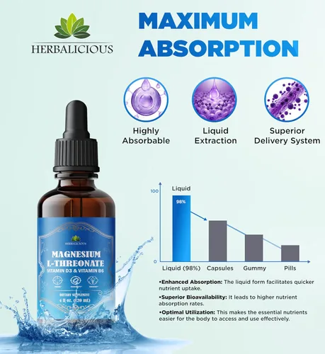 Miniatura 7 de HERBALICIOUS Líquido complejo de magnesio con vitamina D3 y B6 - Citrato de alta absorción, glicinato y L-treonato - Apoya la energía, el estado