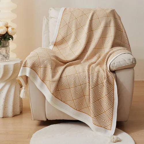 AIVIA Manta bohemia para silla y cama, manta bohemia de punto de poliéster con rayas geométricas para todas las estaciones, manta tejida para sofá o