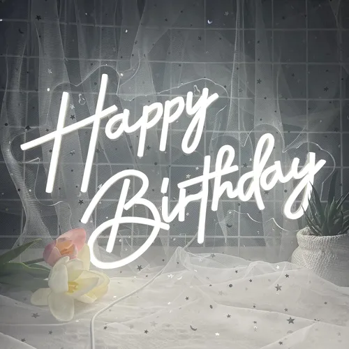 Miniatura 2 de Letrero de neón de feliz cumpleaños para decoración de pared, luz de neón LED blanca de 17×12 pulgadas, letrero de luz de neón de feliz cumpleaños
