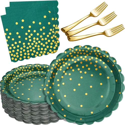Miniatura 9 de 175 piezas de decoración de fiesta verde y dorada - Suministros de fiesta con platos y servilletas verdes - Platos de papel festoneados