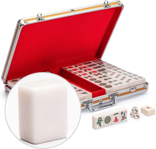 Yellow Mountain Imports Juego de Mahjong Chino Tamaño Campeón con Estuche de Aluminio - con 146 Fichas, 3 Dados y un Indicador de Viento - Solo para
