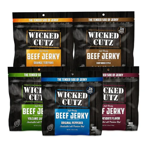 Miniatura 6 de Wicked Cutz BBQ Mesquite Beef Jerky, 21g de proteína por bolsa, alternativa tierna y fácil de masticar a los palitos de carne, bocadillos carnívoros