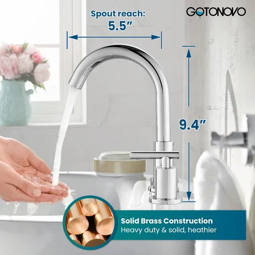 Miniatura 7 de gotonovo llave de lavabo de 3 agujeros y 2 asas para lavabo de baño con llave de drenaje emergente con válvulas mezcladoras de agua caliente y fría