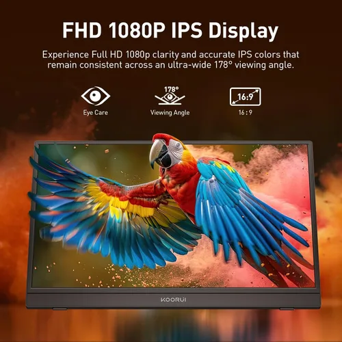 Miniatura 2 de KOORUI Monitor portátil de 15.6 pulgadas FHD 1080P IPS, segunda pantalla para viajes y oficina, monitor de juegos USB-C HDMI con soporte y altavoces