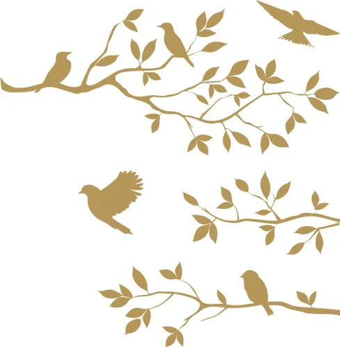Picniva Vinilo decorativo decorativo para pared, diseño de pájaros y flores, color dorado de 20 x 25 pulgadas