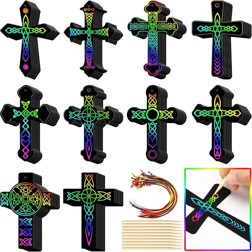 Chivao 80 piezas de adornos de cruz para rascar, kit de manualidades de color arcoíris, papel de arte para rascar, regalos cristianos, kits de