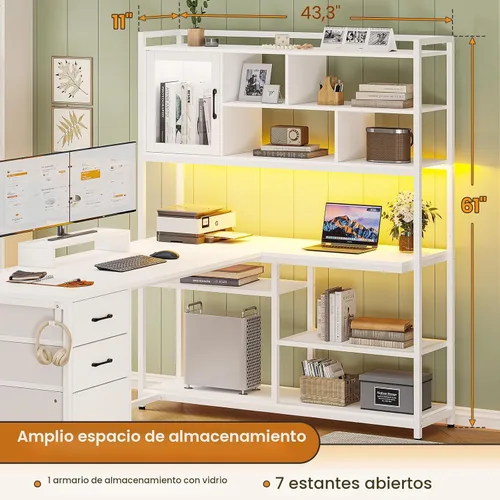 Miniatura 2 de SEDETA Escritorio para computadora en forma de L, escritorio de oficina de 58 pulgadas con 3 cajones y estantería, escritorio esquinero