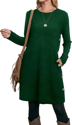 Miniatura 4 de OFEEFAN - Vestido de invierno con manga larga, bolsillos y botones laterales para mujer