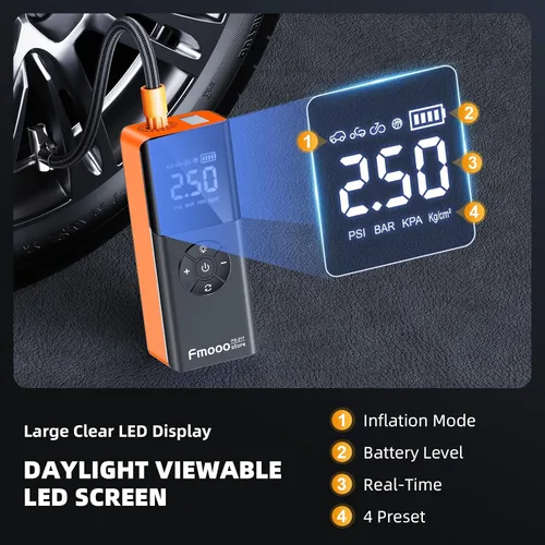 Miniatura 7 de Inflador de neumáticos, compresor de aire portátil, 160 PSI de potencia dual 6000 mAh, bomba de aire inalámbrica con indicador digital, luz LED