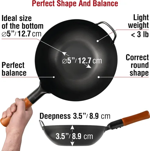 Miniatura 2 de YOSUKATA Sartén Wok de acero al carbono – Sartenes de 13,5 pulgadas con fondo plano + cubierta de wok de primera calidad con tapa de sartén de 13.5