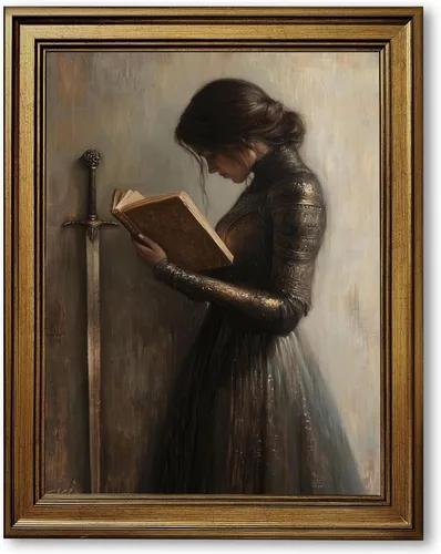 Arte de pared retro con marco de oro victoriano, caballero, arte de pared, pintura al óleo medieval guerrera, póster de pintura al óleo vintage