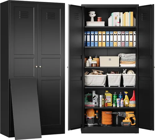 Miniatura 18 de Armario de almacenamiento negro con puertas y estantes ajustables, gabinetes de despensa de alimentos de granja de 36 pulgadas de alto, armario