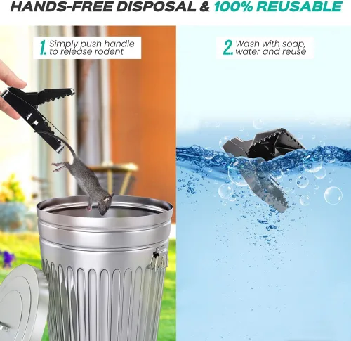 Miniatura 3 de eXuby Trampas grandes y potentes para ratas, mata al instante con un potente resorte de acero, instalación en segundos, lavar y reutilizar una