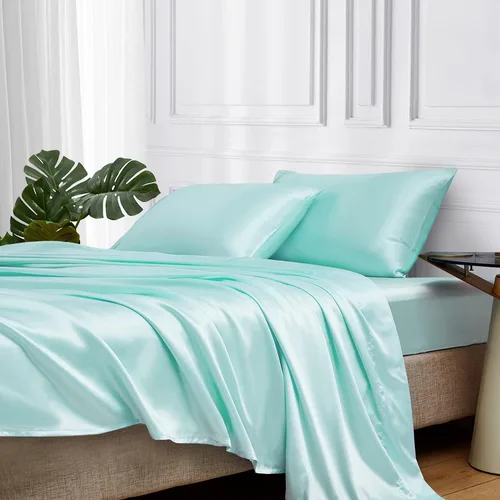 Miniatura 43 de MR&HM Sábanas de satén para cama de tamaño King, juego de 4 piezas de ropa de cama sedosa con bolsillo profundo de 15 pulgadas para colchón