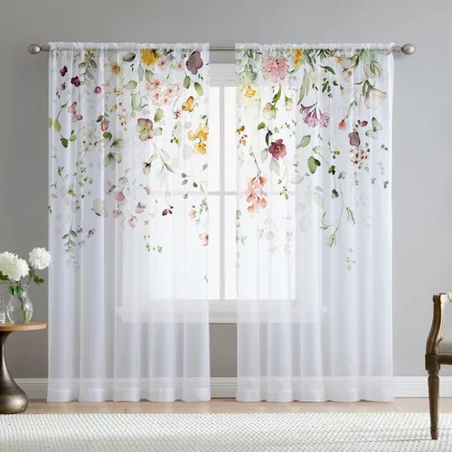 Miniatura 10 de Cortinas de hojas de eucalipto verdes para sala de estar de 63 pulgadas de largo, juego de 2 paneles elegantes de flores silvestres con estampado