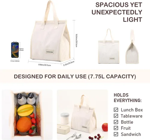 Miniatura 4 de TELLUMO Bolsa de almuerzo de corduroy para mujeres y hombres, linda bolsa de almuerzo con aislamiento y gran capacidad (7.5L), bolsa de almuerzo