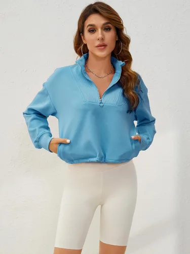Miniatura 3 de SILKWORLD Sudadera recortada de otoño con media cremallera y panel de canalé para mujer, con bolsillos para adolescentes y niñas
