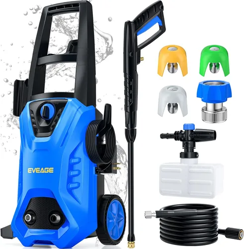 EVEAGE Lavadora a presión eléctrica, 4200 PSI 2.8 GPM con cañón de espuma de 33.8 fl oz, 3 boquillas de presión, para limpieza de Azul oscuro