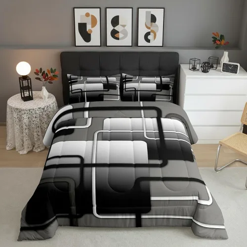 Miniatura 40 de Juego de edredón de rayas rojas y negras, juego de ropa de cama tamaño King con ondas circulares abstractas, geométrico, espiral, acolchado, 3 Multi