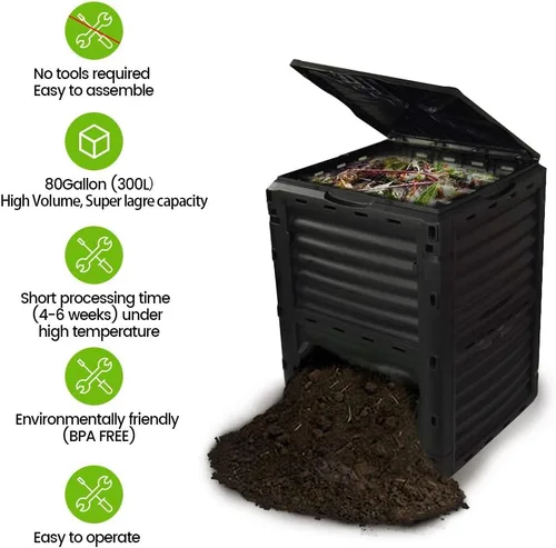 Miniatura 2 de Contenedor de compostaje estático de gran capacidad de 80 galones (300 litros), compostador de residuos verde bosque para exteriores con escotilla
