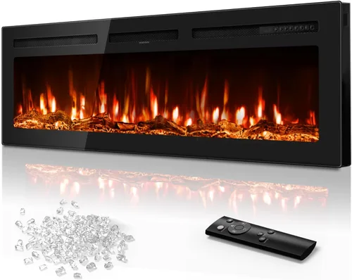 Chimenea eléctrica de 60 pulgadas empotrada en la pared y montada en la pared, calentador lineal ultrafino de 750/1500 W con llama realista,