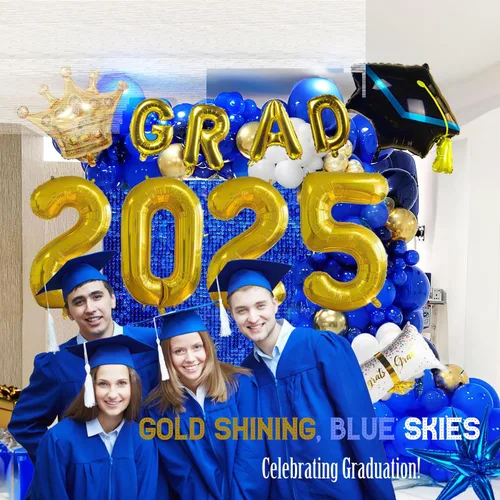 Miniatura 2 de Kit de arco de guirnalda de globos de graduación con temática azul con globos de aluminio para estudiantes universitarios de secundaria, clase