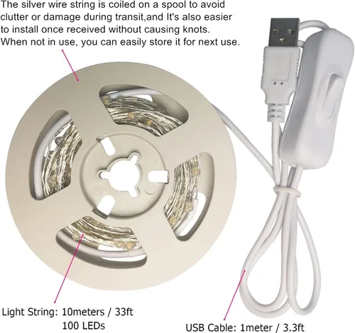 Miniatura 3 de RUICHEN Guirnalda de luces USB de 33 pies, 100 luces LED con interruptor de encendido/apagado (blanco cálido, paquete de 2)
