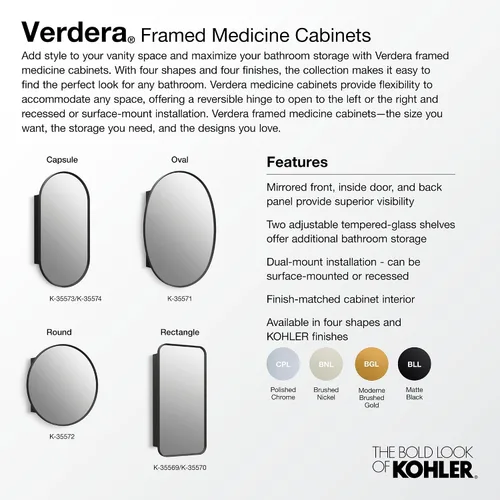 Miniatura 7 de Kohler 35573-BNL Verdera® - Espejo de gabinete de medicina enmarcado, diseño cápsula, interior espejado, gabinete de baño, estantes de vidrio