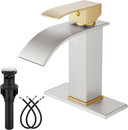Midanya Grifo de baño con boquilla de cascada, de un solo orificio o montaje en cubierta de 3 agujeros, grifo de fregadero de acero inoxidable 304