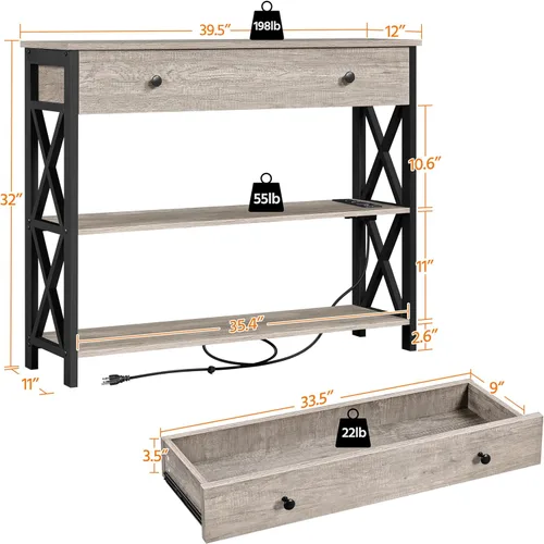 Miniatura 3 de Yaheetech Mesa consola con tomas de corriente y puertos USB, mesa de entrada de madera con cajón y estantes abiertos, mesas de sofá estrechas