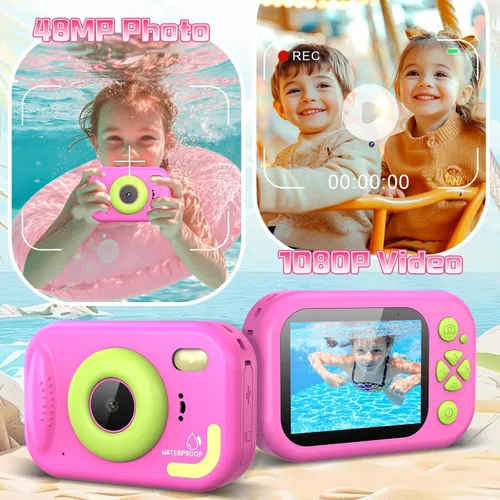 Miniatura 3 de Cámara para niños impermeable, cámara submarina IP68 para niños de 3 a 12 años, cámara digital HD para niños con grabación de video de 1080P, Rosa