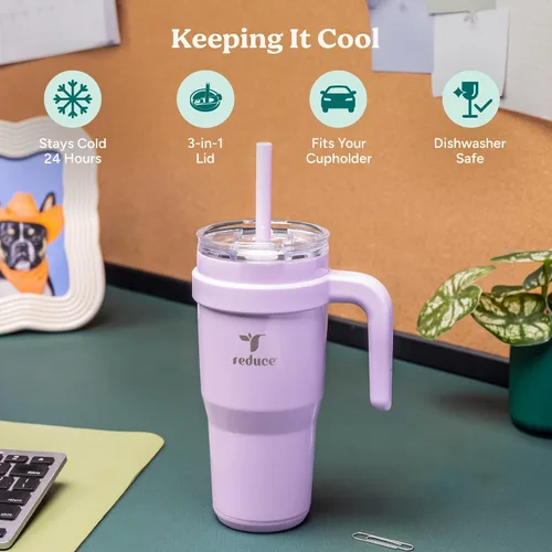 Miniatura 3 de REDUCE Vaso de acero inoxidable de 24 onzas con asa, con aislamiento al vacío de doble pared, tapa a prueba de sudor y popote reutilizable, mantiene