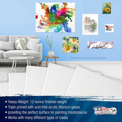 Miniatura 4 de U.S. Art Supply Lienzo Estirado de 18 x 36 Pulgadas Imprimado Triple de 12 Onzas, Paquete de 3 - Calidad de Artista Profesional Blanco en Blanco