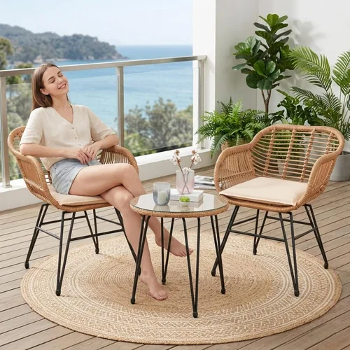 Juego de muebles de exterior de mimbre de 3 piezas para bistró, juego de sillas de ratán, juego informal para patio de mimbre para balcón, junto a