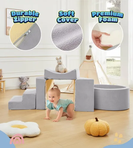 Miniatura 4 de Elftopia Bloques de Escalada de Espuma con Fosa de Pelotas Diseñados para Niños Pequeños de 1 a 3 Años - Excelente para Gatear en Interiores, gris-5